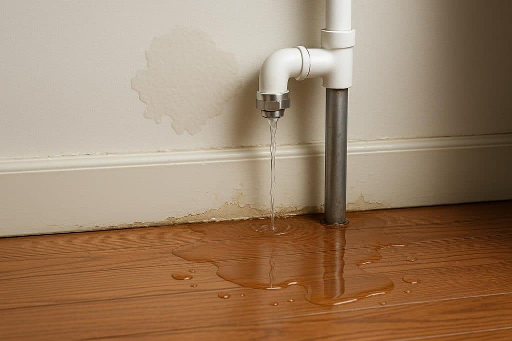 Close-up of water dripping from a pipe under a sink, highlighting early hidden water leak signs