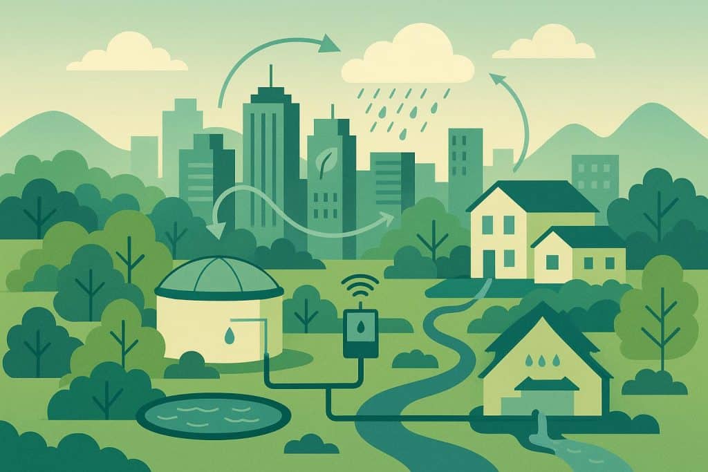 Modern cityscape with advanced water infrastructure and green spaces promoting climate resilience
