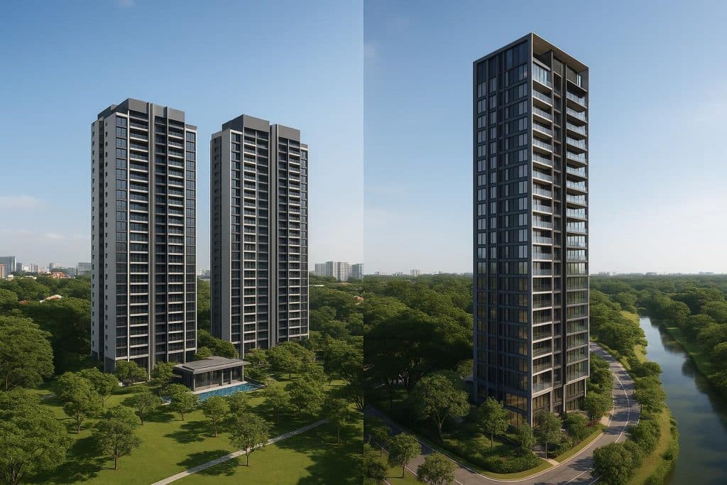 Aerial view of Chuan Park and River Modern residential complexes for investment comparison