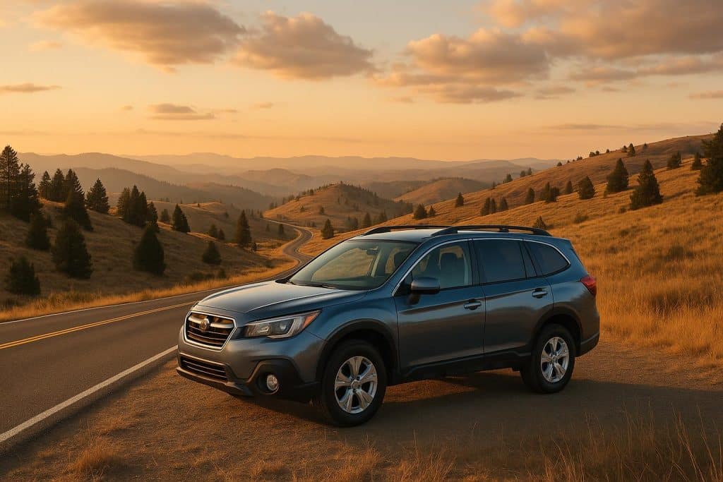 Finding A Reliable Vehicle For Your Next Road Trip Vacation Scenic road trip with a modern SUV driving on a highway surrounded by mountains and trees