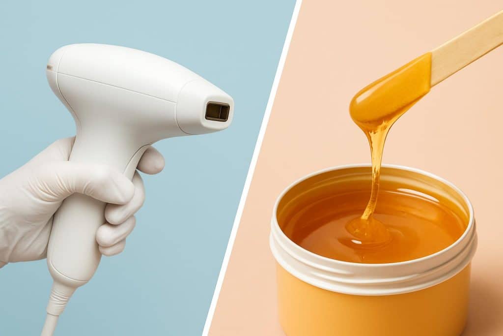 Laser hair removal device and waxing kit side by side highlighting hair removal method differences