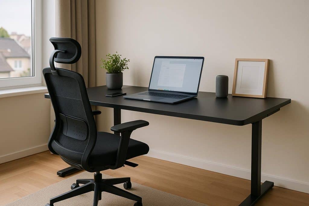 Modern ergonomic office chair and desk setup highlighting quality furniture for remote workspaces