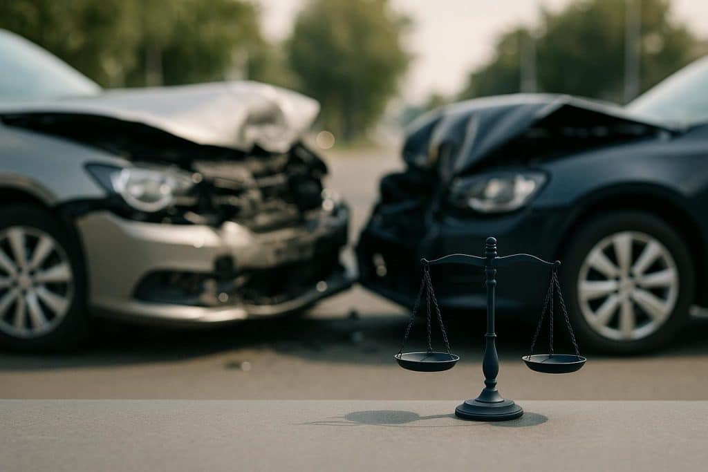 Car accident scene with damaged vehicles and lawyer documents highlighting legal assistance after crashes