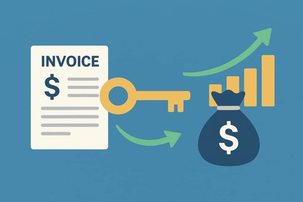 Unlocking Cash Flow: How Invoice Finance Supports Business Growth Stack of invoices and graphs showing upward financial growth, illustrating invoice finance benefits