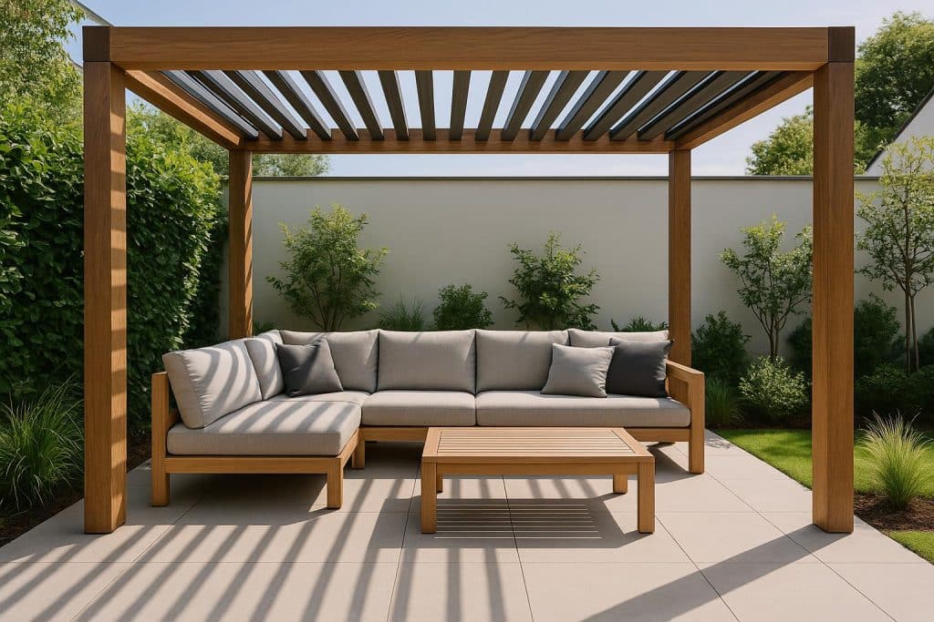How to Design a Pergola That Blends Style and Function Perfectly Modern wooden pergola with stylish furniture and lush greenery highlighting elegant outdoor design