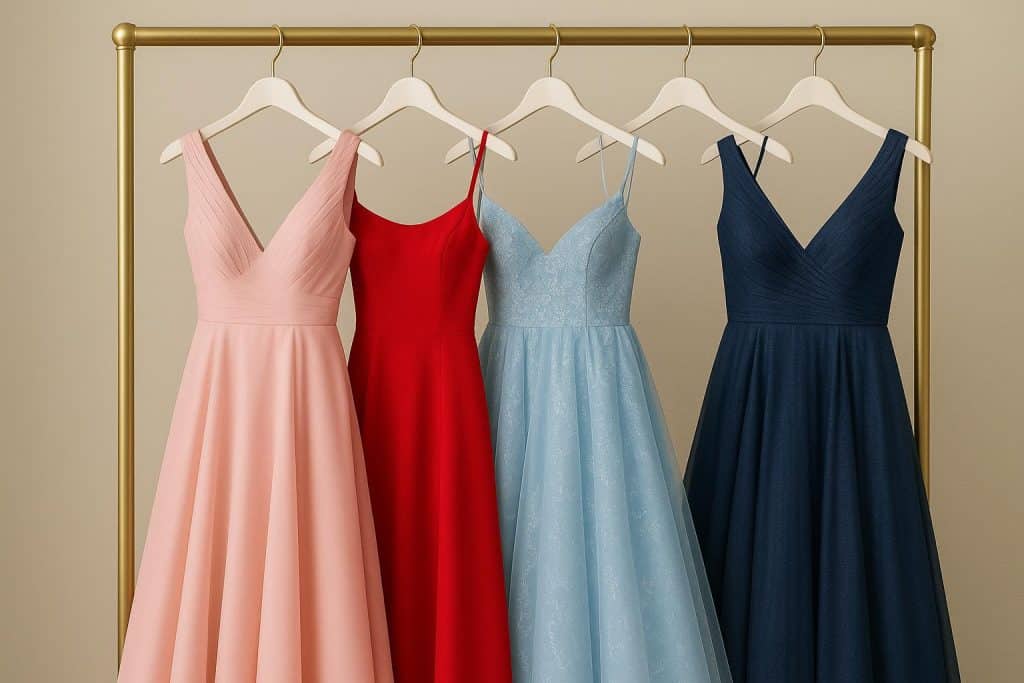 The Ultimate Guide to Prom Dresses: Styles, Colours & Fit Elegant prom dresses in various styles and colors displayed on mannequins in a boutique setting