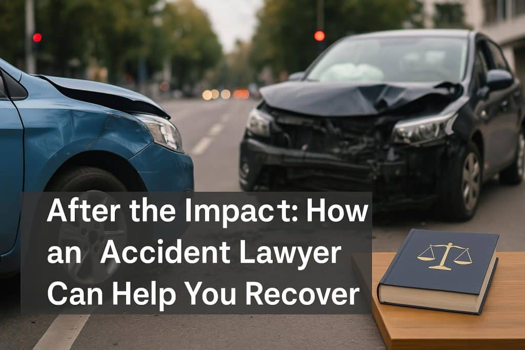 After the Impact: How an Accident Lawyer Can Help You Recover Car accident scene with damaged vehicles and lawyer offering legal assistance after a collision