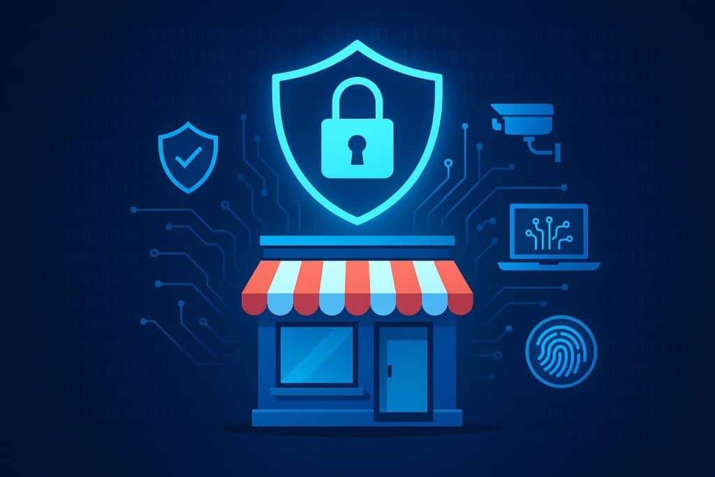 Firewall interface, secure server, and shield icons representing small business cybersecurity tools