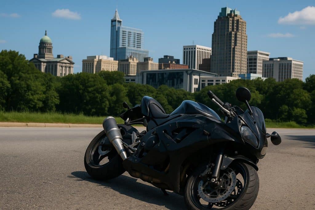 Throttle to Justice: Navigating Motorcycle Accidents in Raleigh Motorcycle on downtown Raleigh street highlighting accident safety and legal guidance