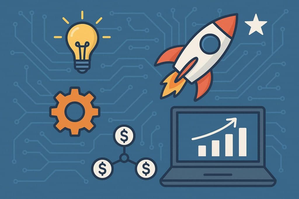 Key Considerations for Aspiring Tech Entrepreneurs Modern workspace with laptop, coding screen, and tech startup planning materials on desk