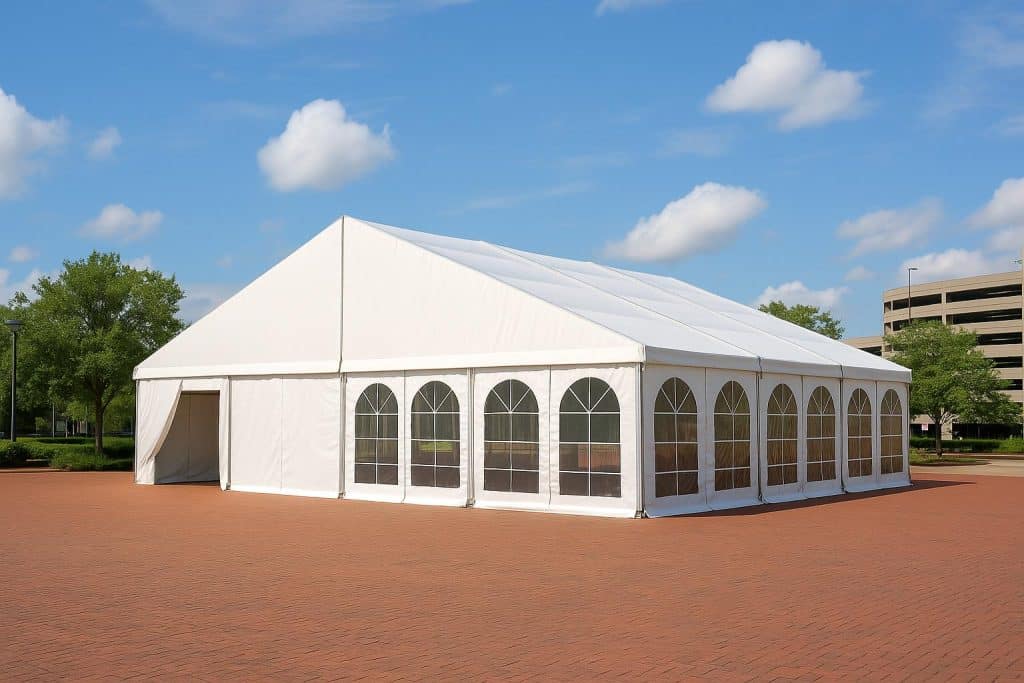 Why a Permanent Event Tent Is the Smartest Investment for High-Traffic Venues Large white event tent installed at a busy outdoor venue for gatherings and exhibitions.
