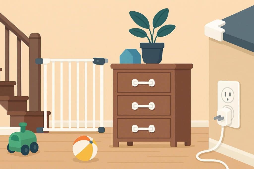 Top Tips for Improving Home Safety for Kids Childproofed living room with safety gates, covered outlets, and secured furniture for home safety