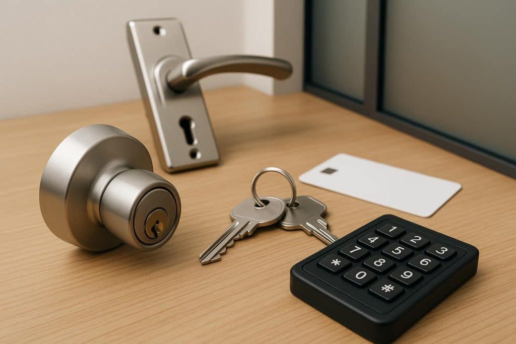 How to Improve Office Security: Notes From Professional Locksmiths Modern office door with secure keypad lock system highlighting enhanced workplace security measures