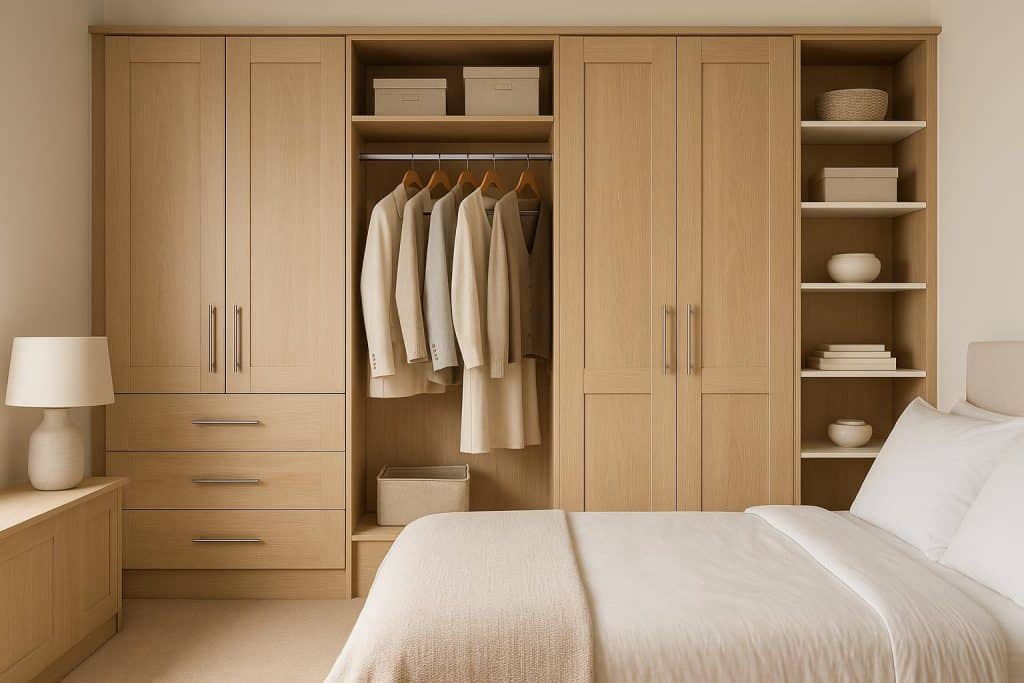 10 Fitted Wardrobe Ideas To Transform Your Space Modern fitted wardrobes with sleek finishes and smart storage solutions in a stylish bedroom