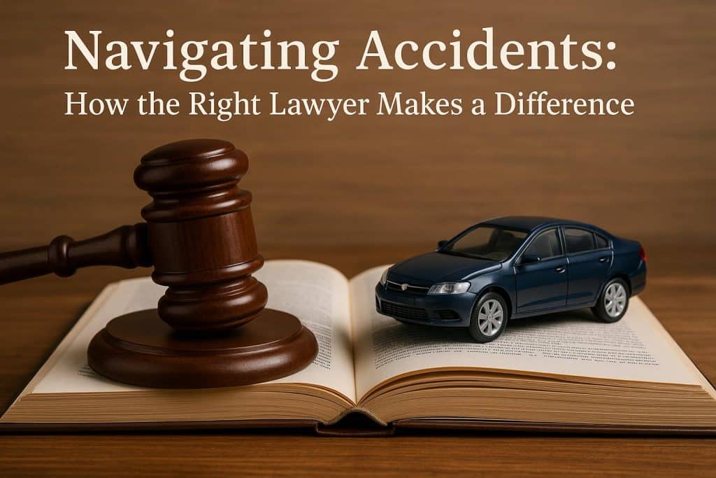 Car accident scene with gavel and legal documents highlighting importance of accident lawyers