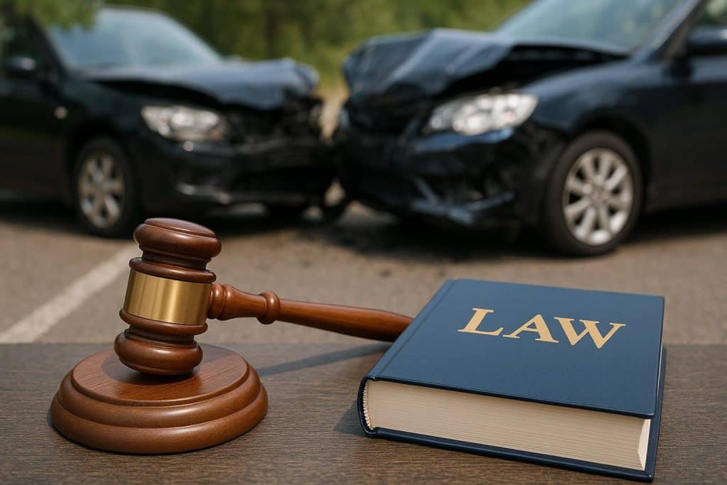 Navigating Accidents: Why an Accident Lawyer Matters Car accident scene with damaged vehicles and law documents highlighting legal assistance importance