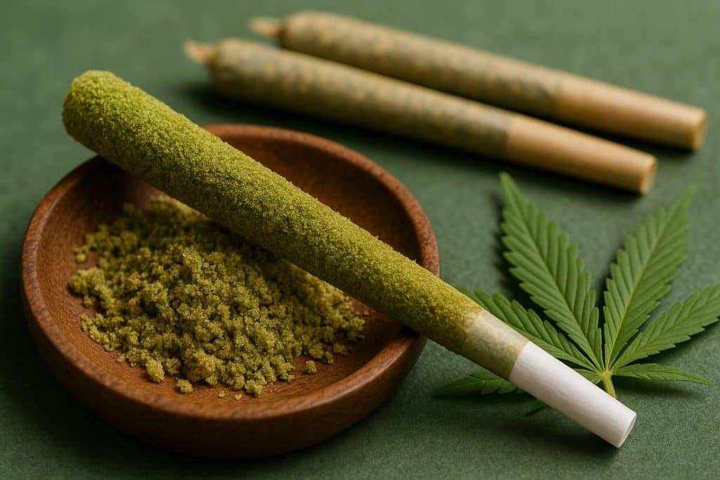 Understand Unique Advantages Associated with THCa-infused Pre-rolls THCa-infused pre-rolls displayed with hemp leaves and packaging highlighting unique advantages