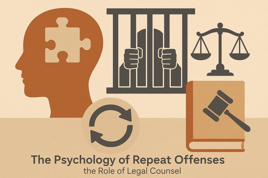 The Psychology of Repeat Offenses and the Role of Legal Counsel Scales of justice and brain illustration symbolizing legal counsel and psychology of repeat offenses