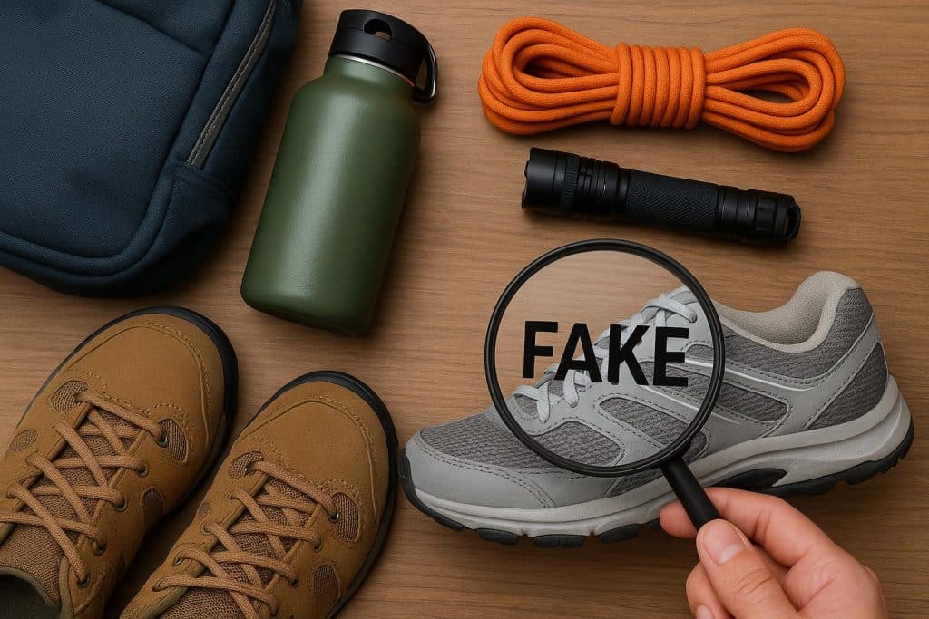 Close-up of authentic and counterfeit outdoor gear tags with magnifying glass on US map background