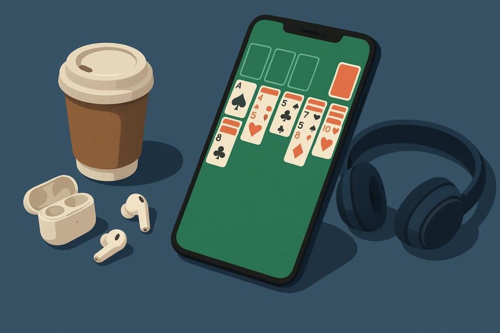 Mobile phone displaying Solitaire game interface, illustrating digital entertainment on the go