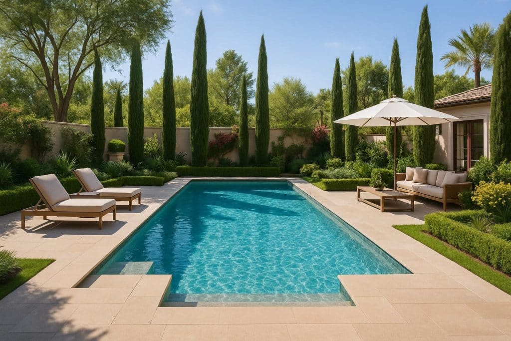 Luxury backyard with custom pool, elegant landscaping, and resort-style outdoor living features