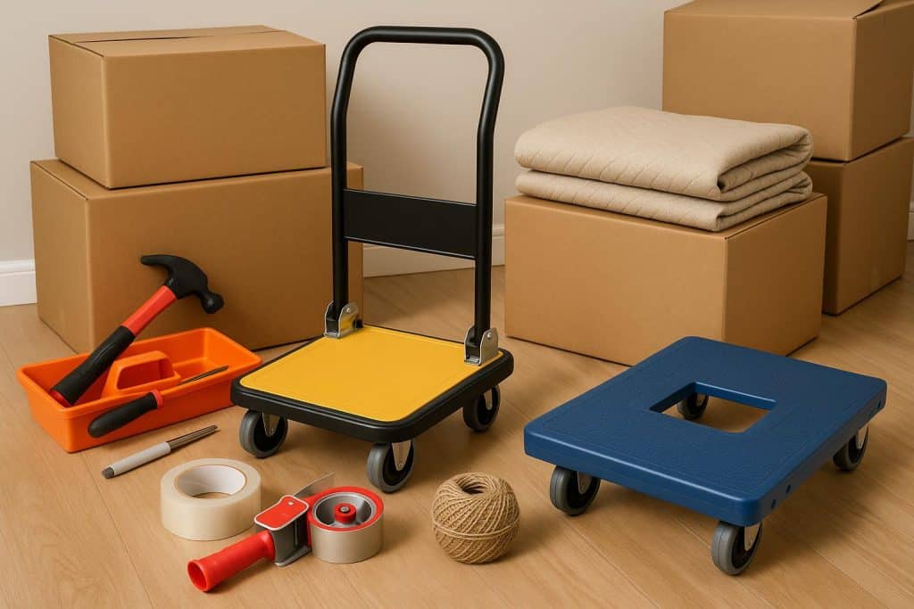 Stacked moving boxes, packing tape, and labels organized for an efficient, stress-free move