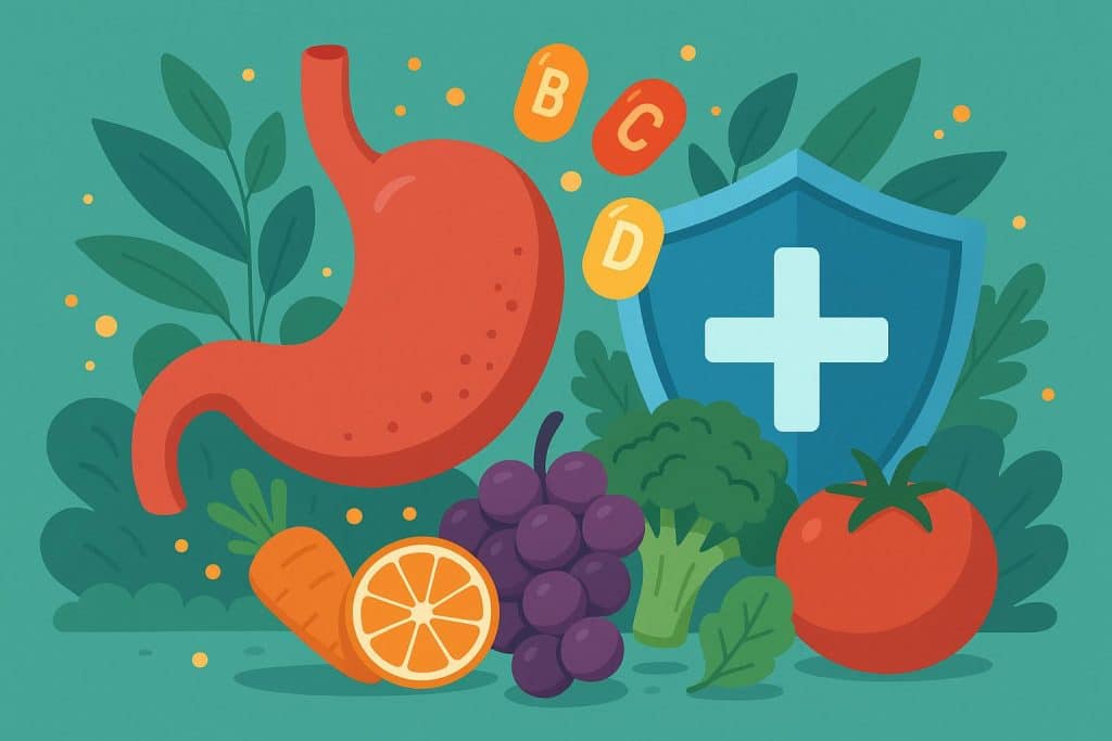 How Vitamins Support Both Gut Health and the Immune System Assorted vitamin supplements with fresh fruits and vegetables promoting gut and immune health