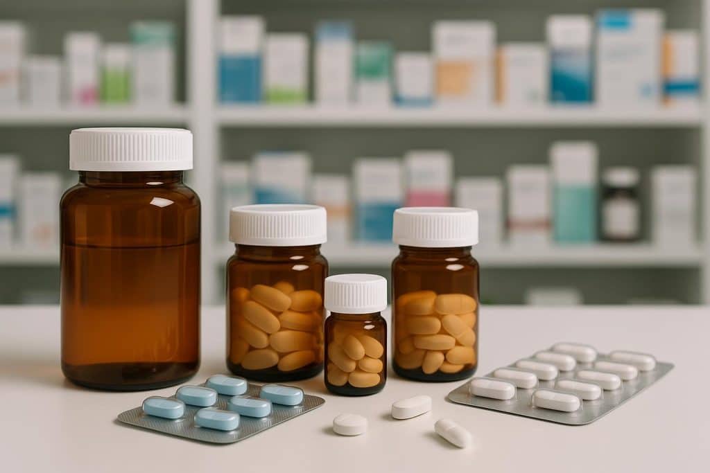 Prescription bottles and pharmacist desk illustrating local pharmacy medication expertise