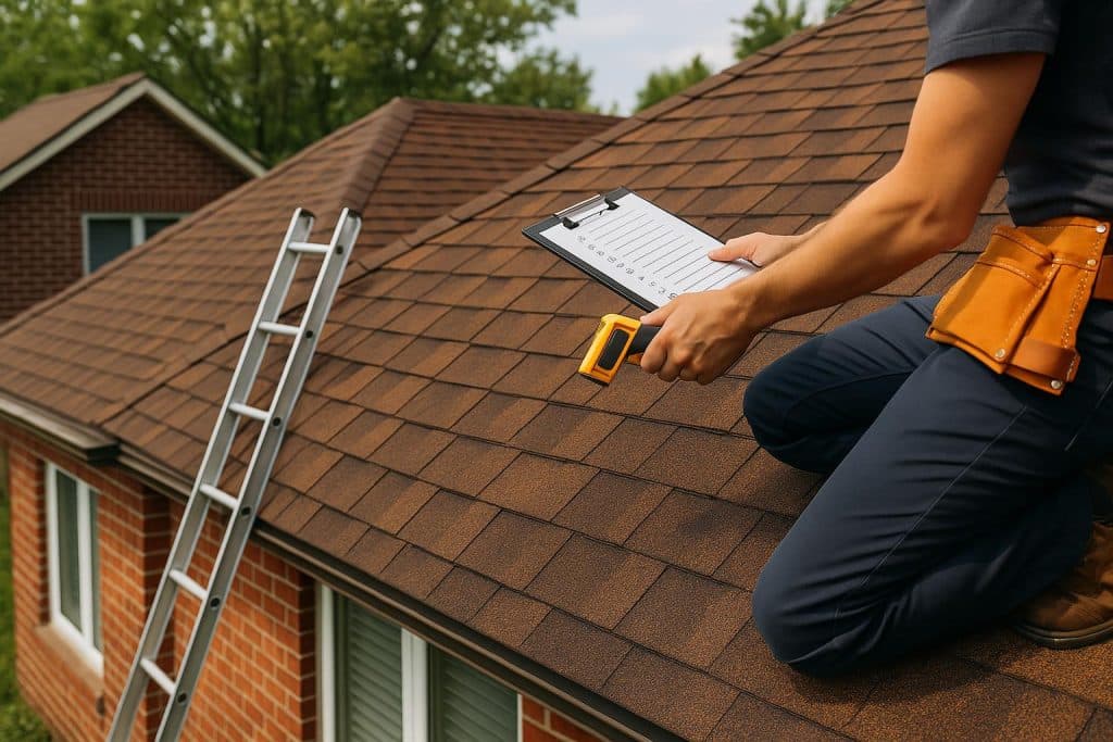 Roof inspector examining shingles on a residential home in Red Deer for maintenance checklist