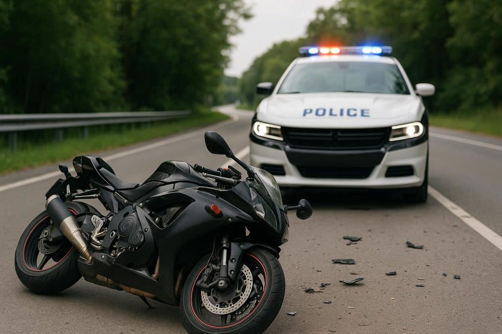 Motorcycle accident scene in Raleigh highlighting legal assistance for injured riders