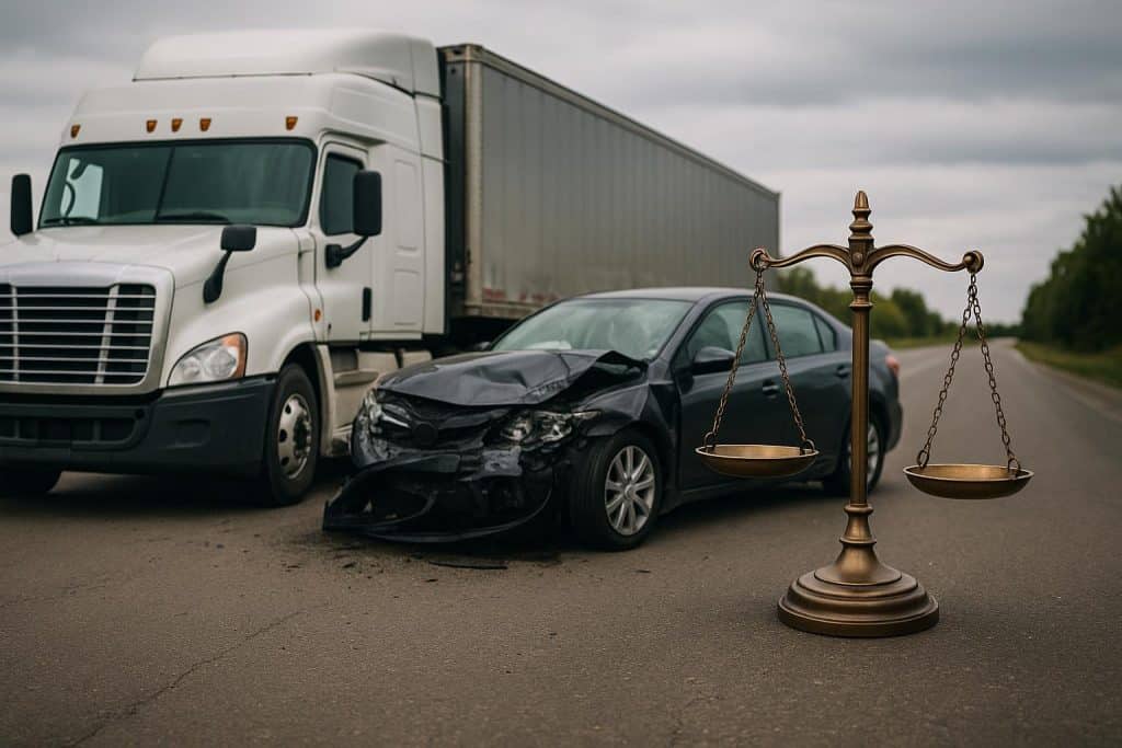 Commercial truck accident scene with damaged vehicle on highway, highlighting legal representation