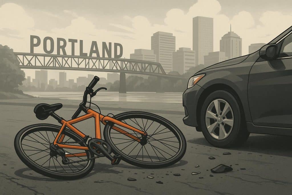 Bicycle accident scene in Portland with lawyer reviewing legal documents on-site