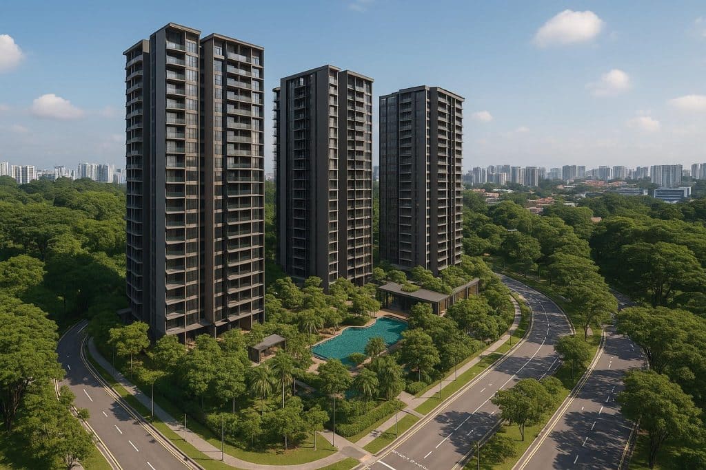 Lentor Gardens Residences modern façade with lush landscaping in Singapore's urban district