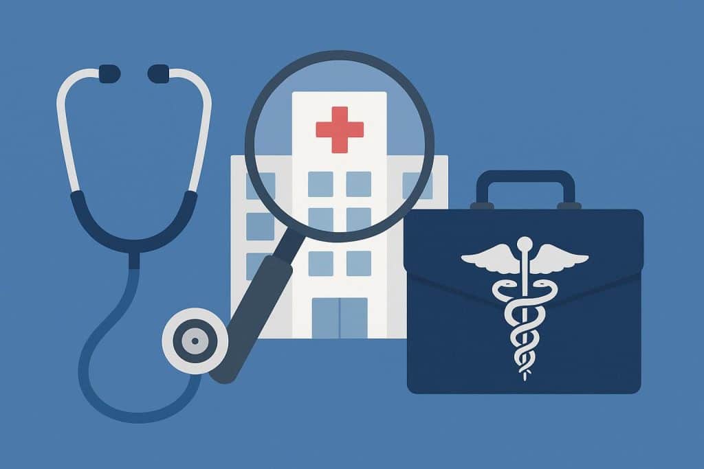 Healthcare staffing agency concept with medical equipment and documents on a desk