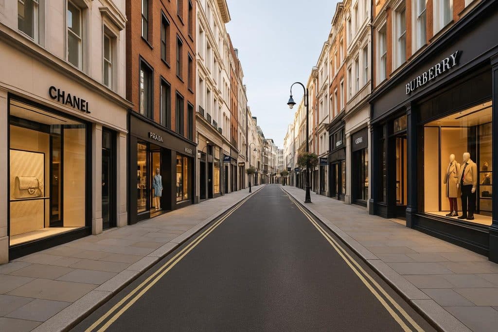 Vibrant shops and boutiques lining a bustling major city shopping street with colorful storefronts
