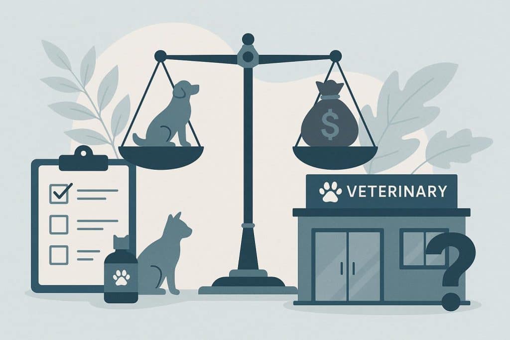 Veterinarian reviewing documents in animal clinic before practice sale decision