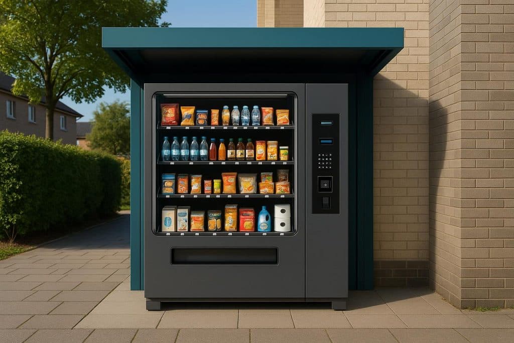 Modern vending machines offering everyday essentials in a community residential setting