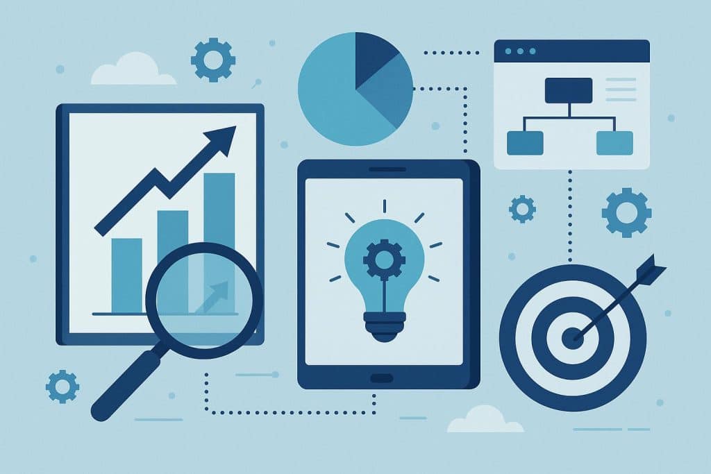 Strategic product marketing concept for B2B tech industry with data charts and digital elements