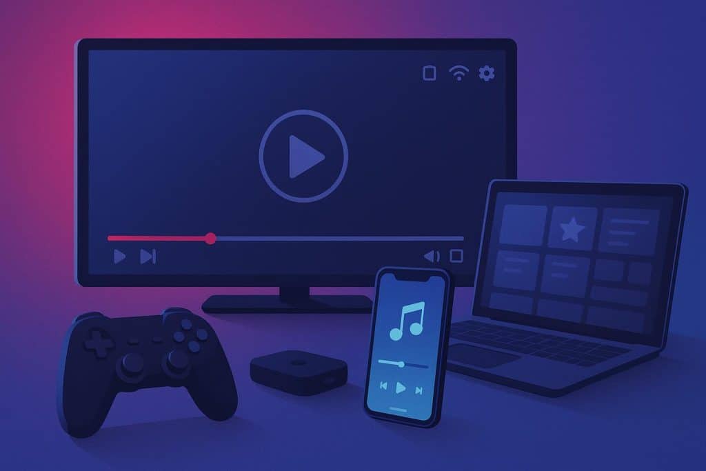 Streaming services interface displaying movies, music, and games for digital entertainment experience