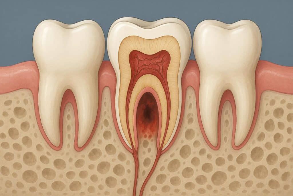 Close-up of a tooth with visible decay and inflammation, indicating need for root canal treatment