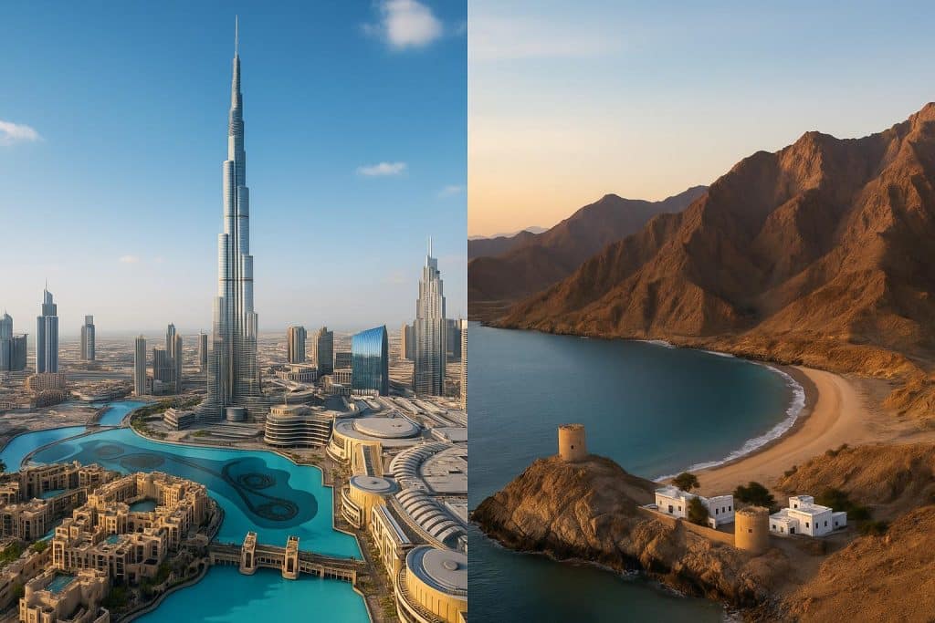 Dubai skyline with Burj Khalifa and Omani mountains highlighting top travel destinations