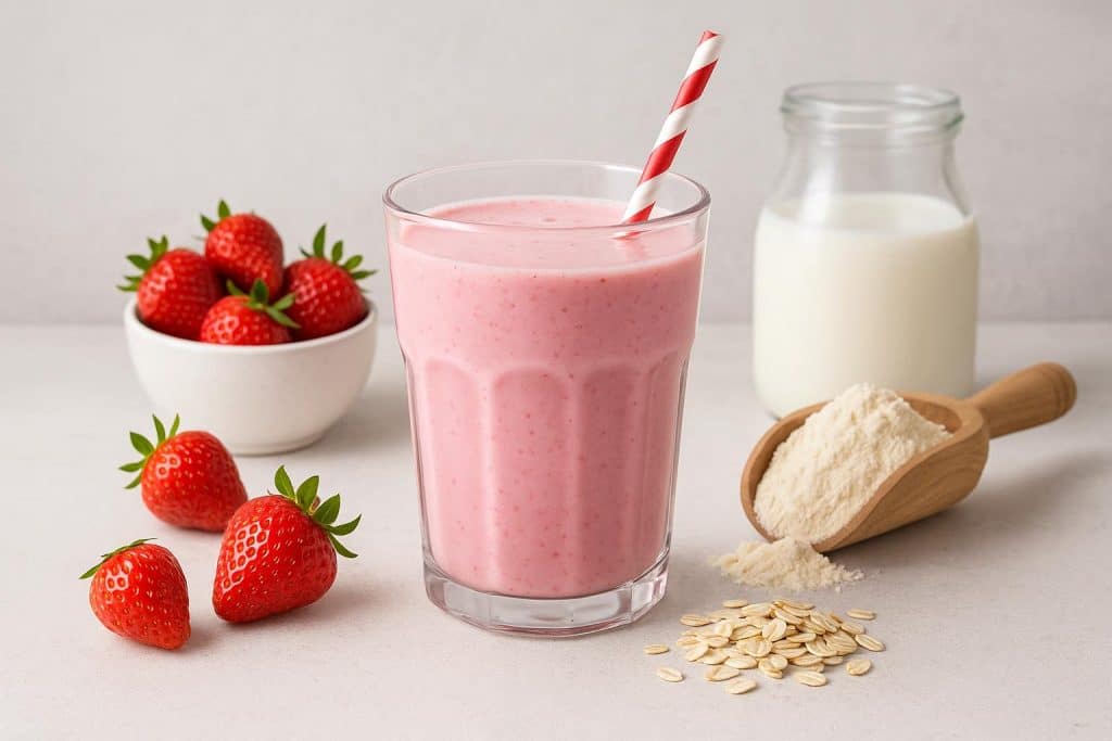 Colorful high-protein smoothies with fresh fruits and seeds on a kitchen counter for healthy energy