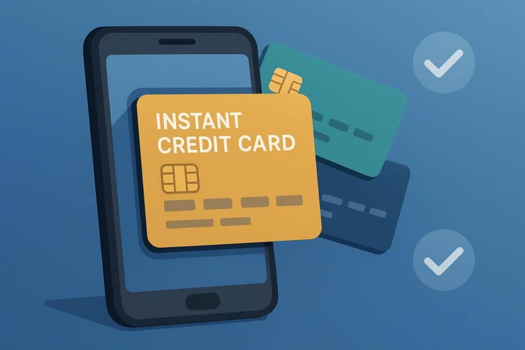 Digital instant credit card approval notification on smartphone screen with credit card icons