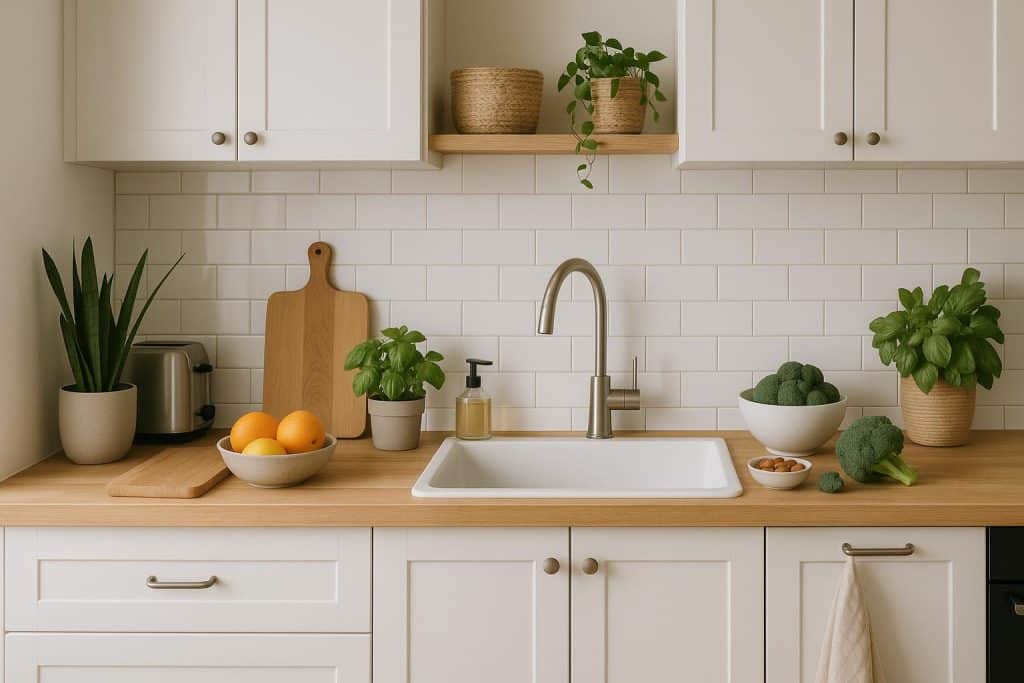 Bright, organized kitchen with fresh vegetables, clean surfaces, and natural sunlight for healthy living