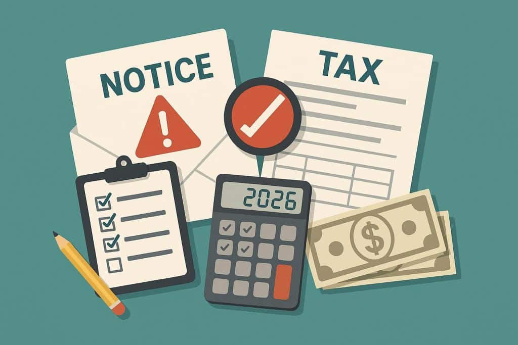 Income tax notice document on desk with calculator and pen, highlighting tax compliance issues