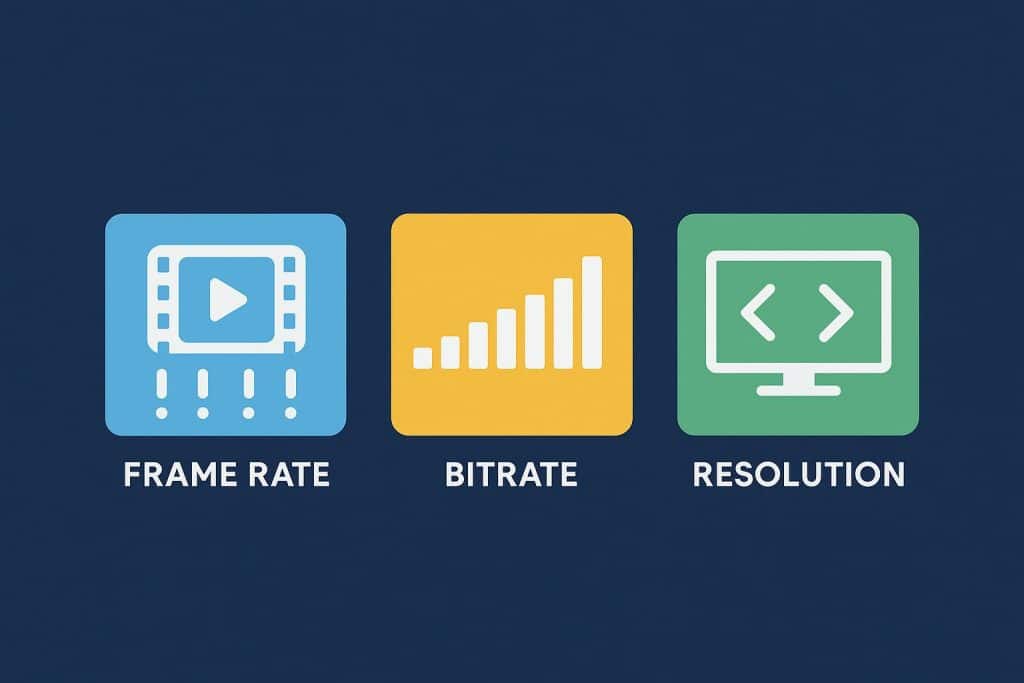 Illustration explaining video frame rate, bitrate, and resolution concepts for beginners