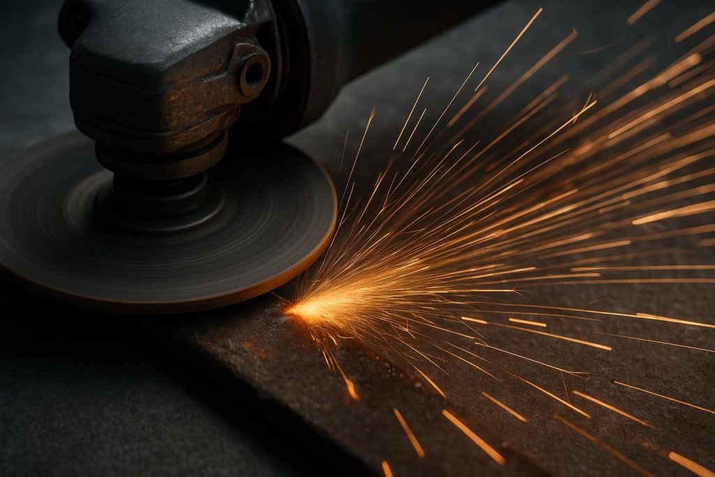 Industrial grinding machine processing metal component for precision manufacturing applications