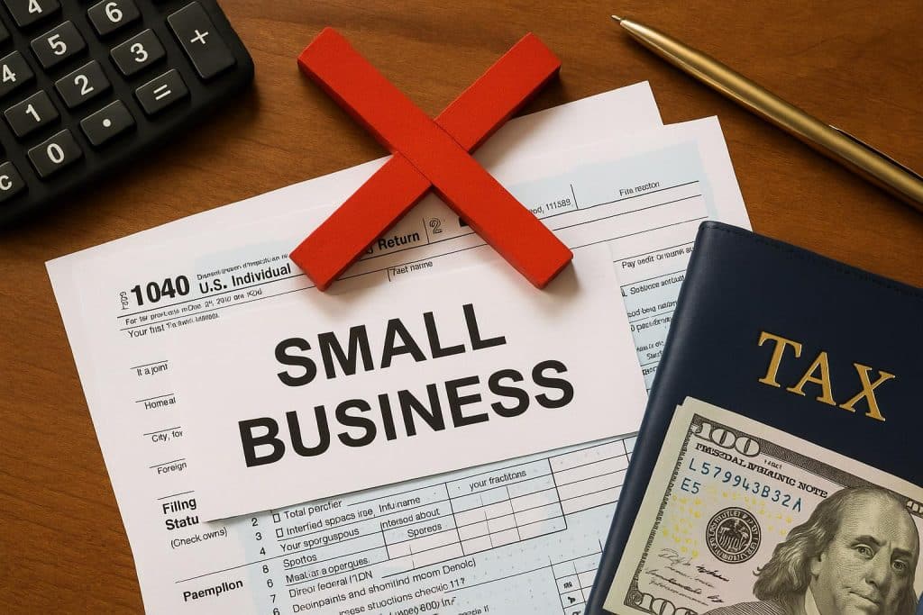 Spreadsheet with tax forms, calculator, and dollar bills representing small business tax mistakes