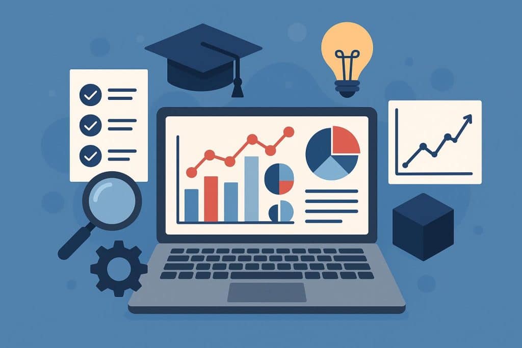 Data science course selection guide with analytics icons and educational elements
