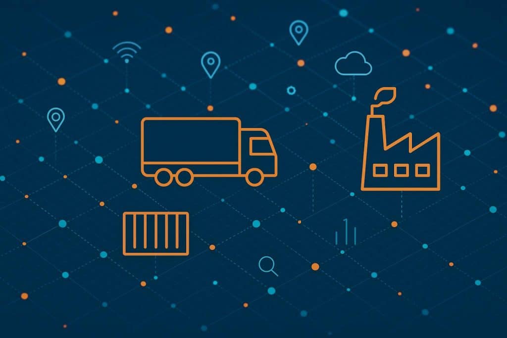 Digital supply chain network with interconnected nodes and technology icons representing connectivity